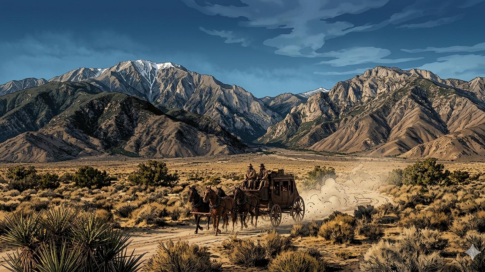 Comic-style illustration of a stagecoach crossing the desert with mountains in the background, representing Banning, CA