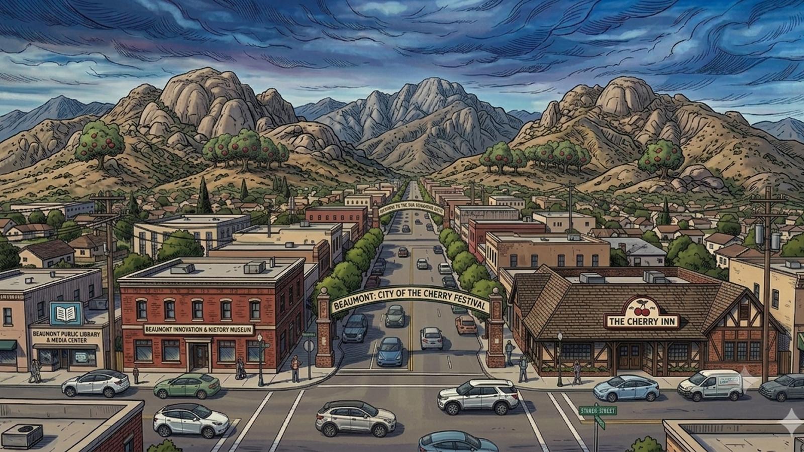 Comic-style illustration of downtown Beaumont, CA, with a City of the Cherry Festival archway over Main Street and mountains in the background