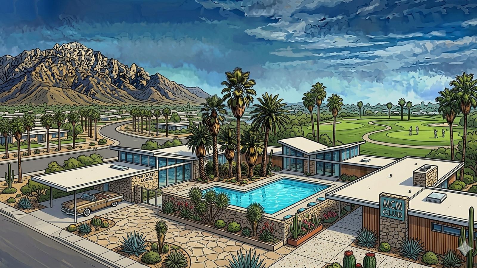 Comic-style illustration of a mid-century modern Palm Springs lodge with a pool, palm trees, and mountains, representing Palm Springs, CA