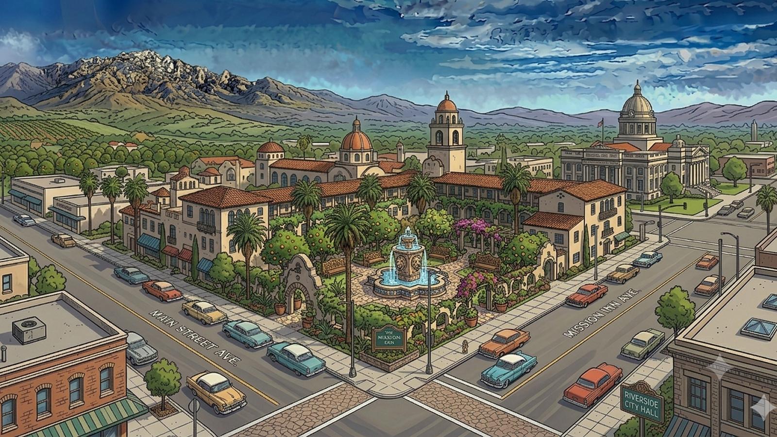 Comic-style illustration of the Mission Inn and downtown Riverside, CA, with a fountain courtyard and mountains in the background