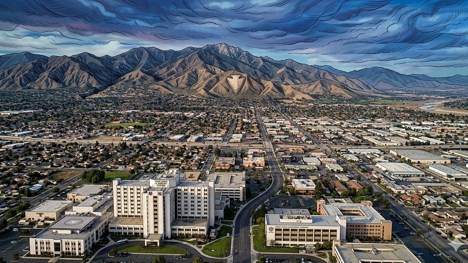 Comic-style aerial illustration of downtown San Bernardino, CA, with the Arrowhead landmark in the mountains above the city